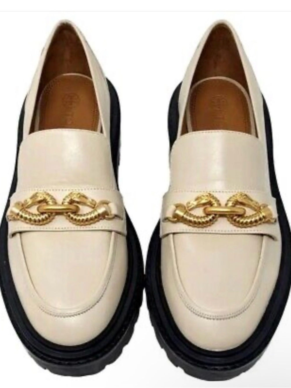 Tory Burch Cream Leather Chain-Trim Loafers with Black Sole